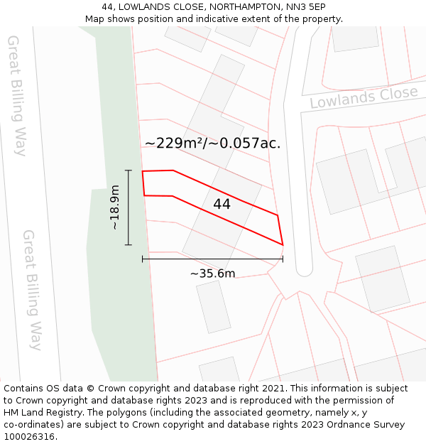 44, LOWLANDS CLOSE, NORTHAMPTON, NN3 5EP: Plot and title map