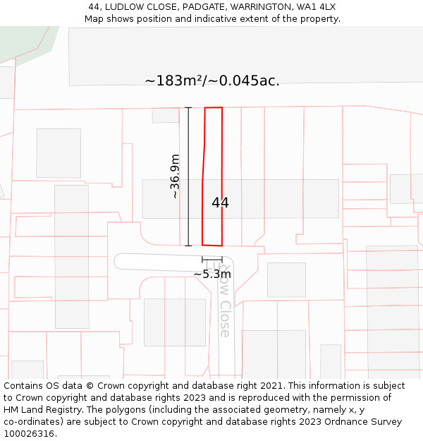 44, LUDLOW CLOSE, PADGATE, WARRINGTON, WA1 4LX: Plot and title map