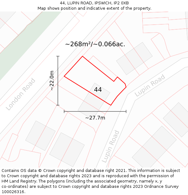 44, LUPIN ROAD, IPSWICH, IP2 0XB: Plot and title map