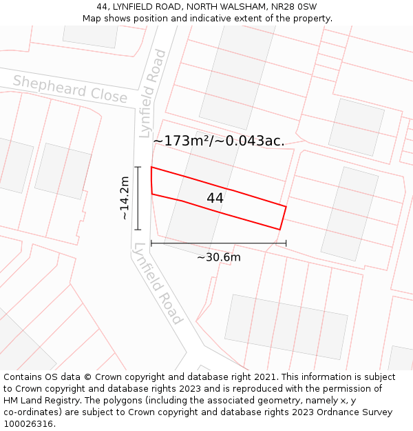 44, LYNFIELD ROAD, NORTH WALSHAM, NR28 0SW: Plot and title map