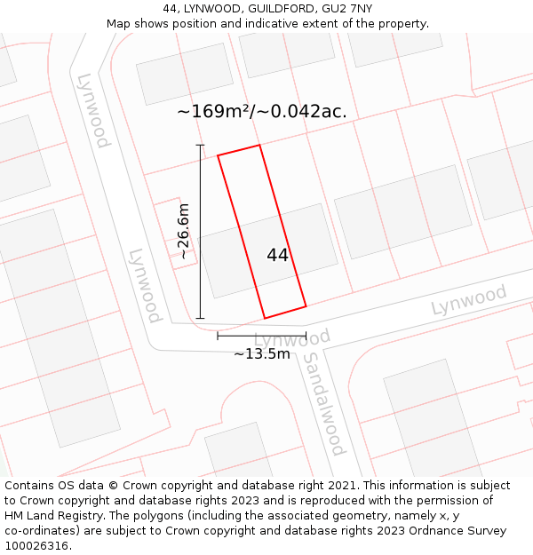 44, LYNWOOD, GUILDFORD, GU2 7NY: Plot and title map