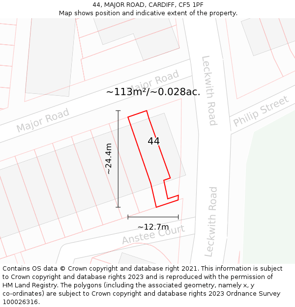 44, MAJOR ROAD, CARDIFF, CF5 1PF: Plot and title map