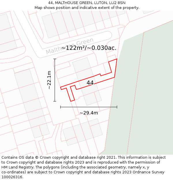 44, MALTHOUSE GREEN, LUTON, LU2 8SN: Plot and title map