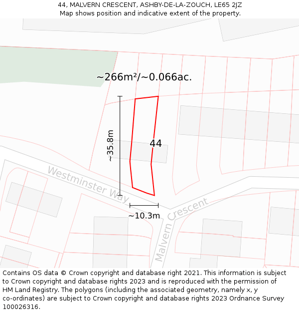 44, MALVERN CRESCENT, ASHBY-DE-LA-ZOUCH, LE65 2JZ: Plot and title map