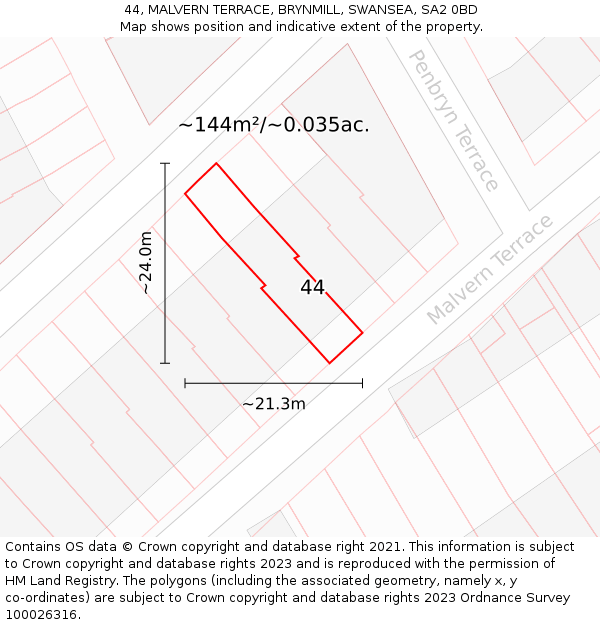 44, MALVERN TERRACE, BRYNMILL, SWANSEA, SA2 0BD: Plot and title map