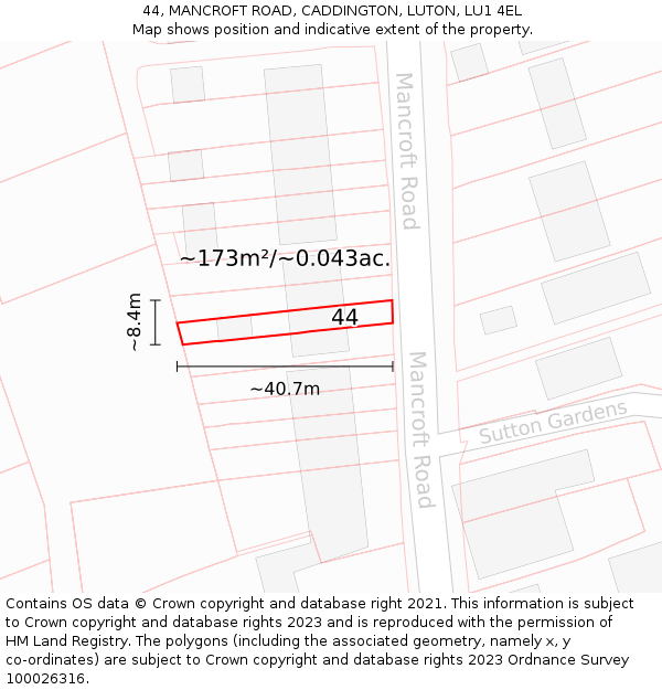 44, MANCROFT ROAD, CADDINGTON, LUTON, LU1 4EL: Plot and title map