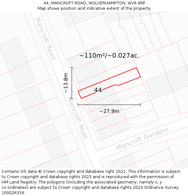 44, MANCROFT ROAD, WOLVERHAMPTON, WV6 8RP: Plot and title map