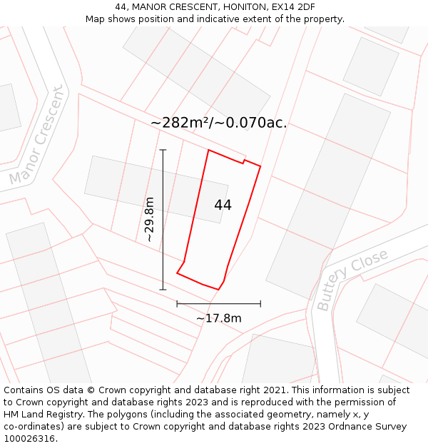 44, MANOR CRESCENT, HONITON, EX14 2DF: Plot and title map