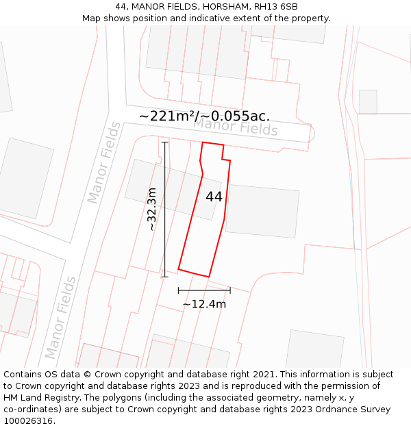 44, MANOR FIELDS, HORSHAM, RH13 6SB: Plot and title map