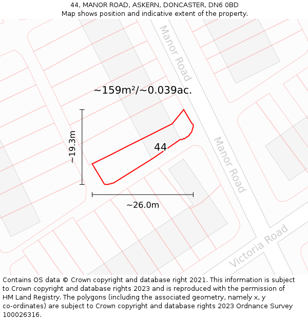 44, MANOR ROAD, ASKERN, DONCASTER, DN6 0BD: Plot and title map