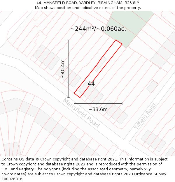 44, MANSFIELD ROAD, YARDLEY, BIRMINGHAM, B25 8LY: Plot and title map