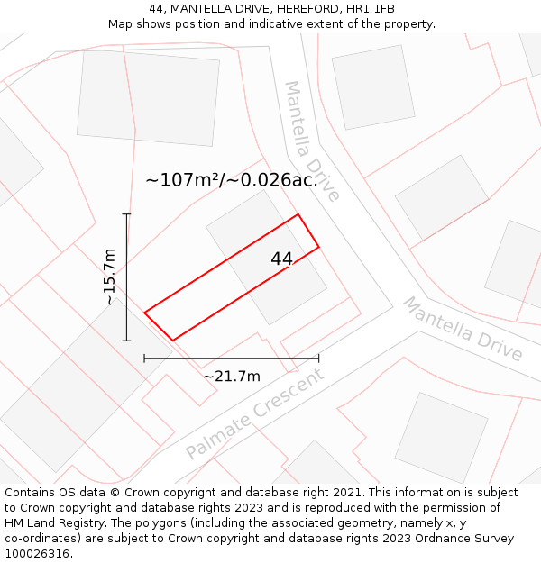 44, MANTELLA DRIVE, HEREFORD, HR1 1FB: Plot and title map