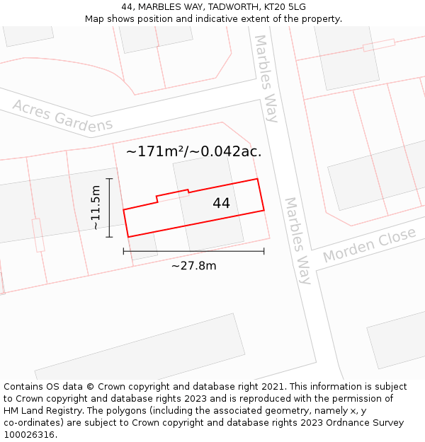 44, MARBLES WAY, TADWORTH, KT20 5LG: Plot and title map