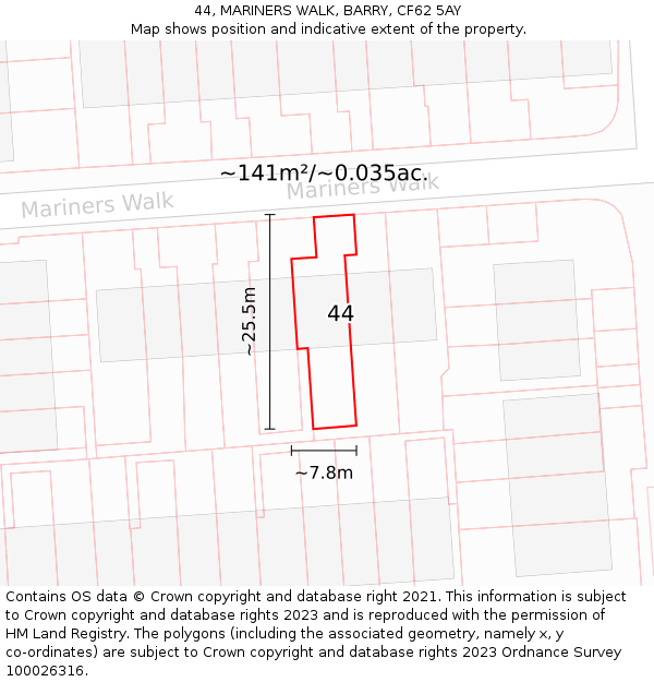 44, MARINERS WALK, BARRY, CF62 5AY: Plot and title map