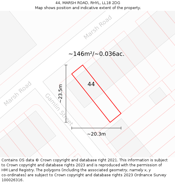 44, MARSH ROAD, RHYL, LL18 2DG: Plot and title map