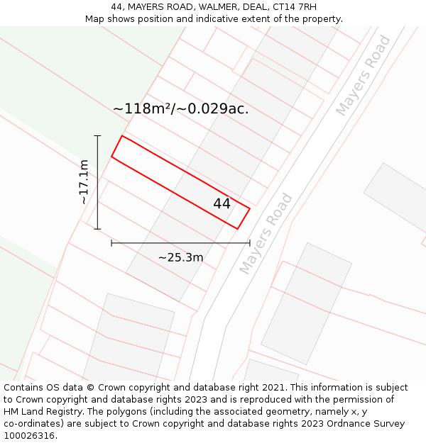 44, MAYERS ROAD, WALMER, DEAL, CT14 7RH: Plot and title map