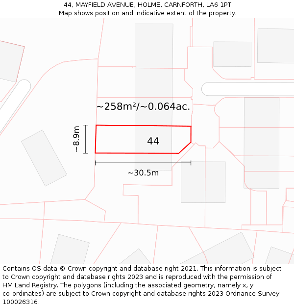 44, MAYFIELD AVENUE, HOLME, CARNFORTH, LA6 1PT: Plot and title map