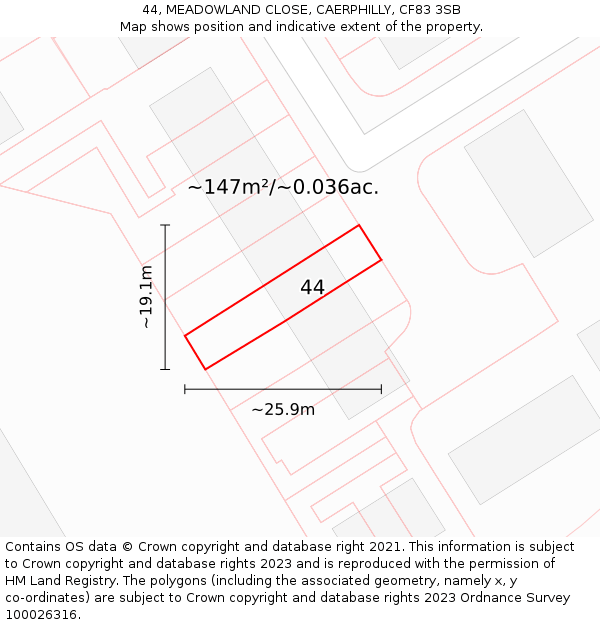44, MEADOWLAND CLOSE, CAERPHILLY, CF83 3SB: Plot and title map