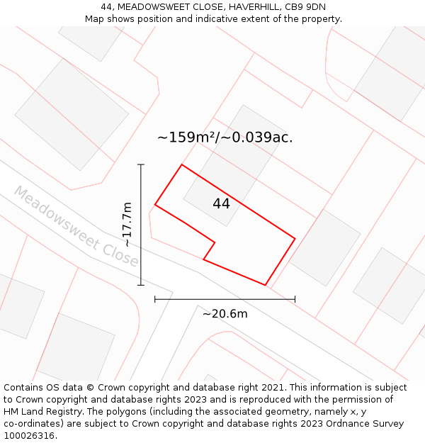 44, MEADOWSWEET CLOSE, HAVERHILL, CB9 9DN: Plot and title map