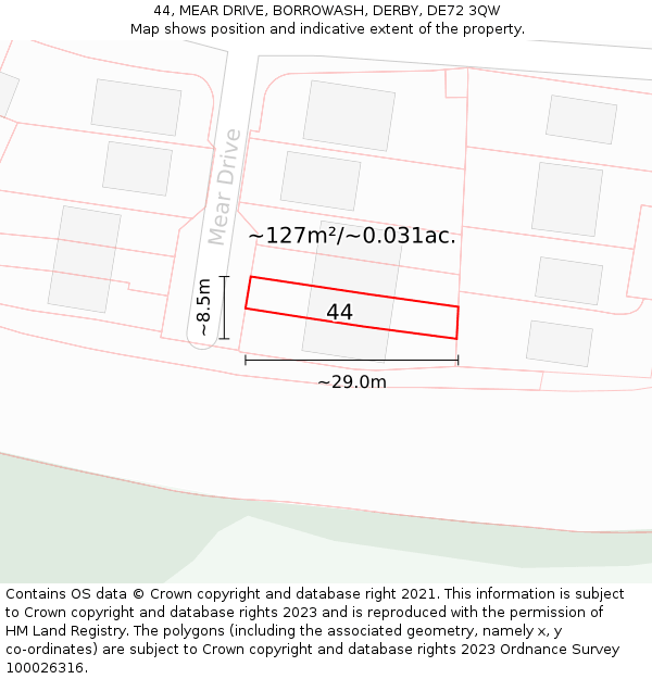 44, MEAR DRIVE, BORROWASH, DERBY, DE72 3QW: Plot and title map