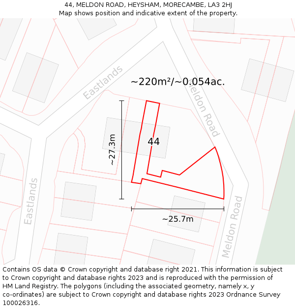 44, MELDON ROAD, HEYSHAM, MORECAMBE, LA3 2HJ: Plot and title map