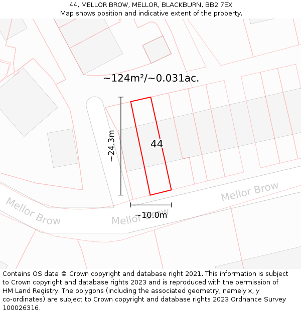 44, MELLOR BROW, MELLOR, BLACKBURN, BB2 7EX: Plot and title map
