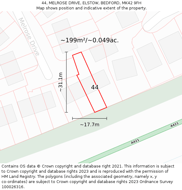 44, MELROSE DRIVE, ELSTOW, BEDFORD, MK42 9FH: Plot and title map