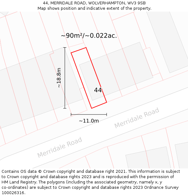 44, MERRIDALE ROAD, WOLVERHAMPTON, WV3 9SB: Plot and title map