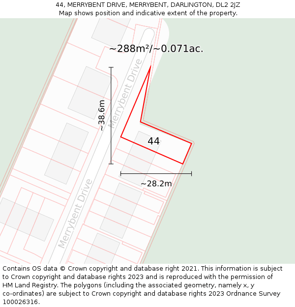 44, MERRYBENT DRIVE, MERRYBENT, DARLINGTON, DL2 2JZ: Plot and title map