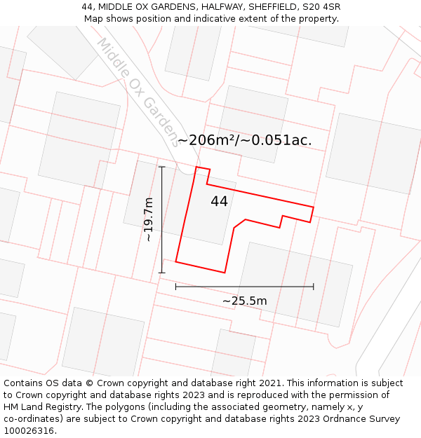 44, MIDDLE OX GARDENS, HALFWAY, SHEFFIELD, S20 4SR: Plot and title map