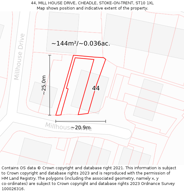 44, MILL HOUSE DRIVE, CHEADLE, STOKE-ON-TRENT, ST10 1XL: Plot and title map