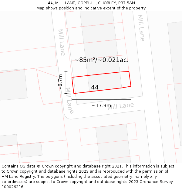 44, MILL LANE, COPPULL, CHORLEY, PR7 5AN: Plot and title map