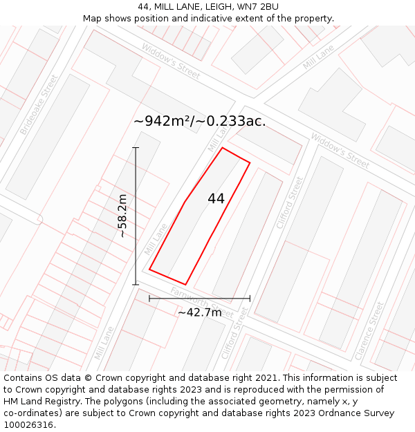 44, MILL LANE, LEIGH, WN7 2BU: Plot and title map