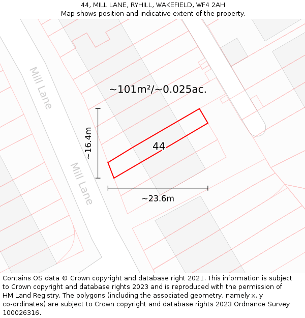 44, MILL LANE, RYHILL, WAKEFIELD, WF4 2AH: Plot and title map