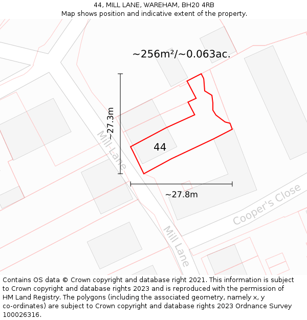44, MILL LANE, WAREHAM, BH20 4RB: Plot and title map
