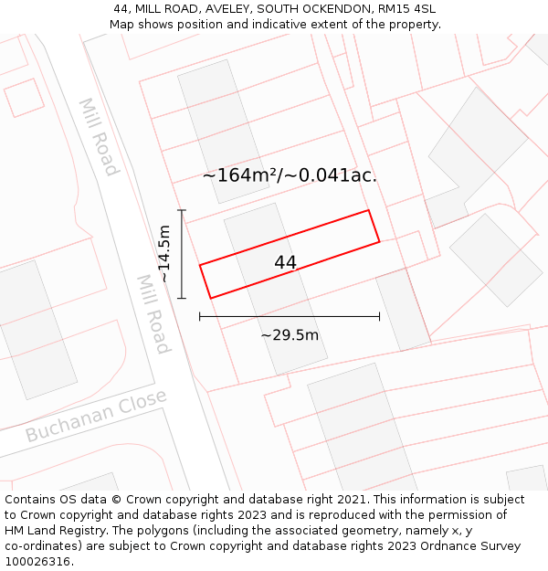 44, MILL ROAD, AVELEY, SOUTH OCKENDON, RM15 4SL: Plot and title map