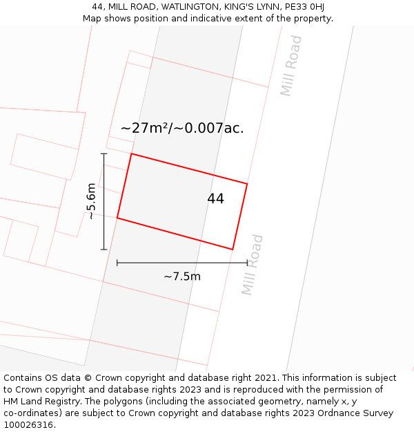 44, MILL ROAD, WATLINGTON, KING'S LYNN, PE33 0HJ: Plot and title map