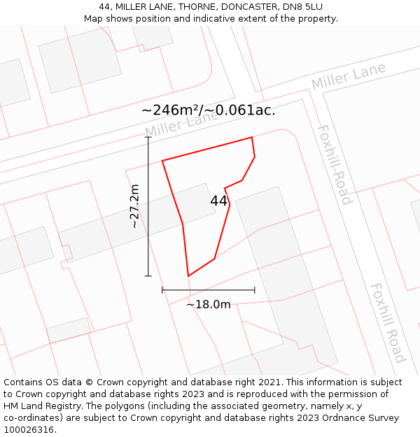 44, MILLER LANE, THORNE, DONCASTER, DN8 5LU: Plot and title map