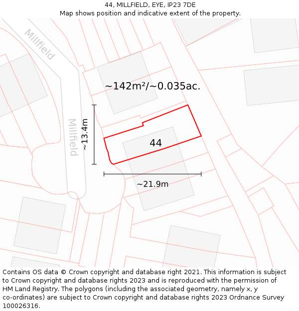 44, MILLFIELD, EYE, IP23 7DE: Plot and title map