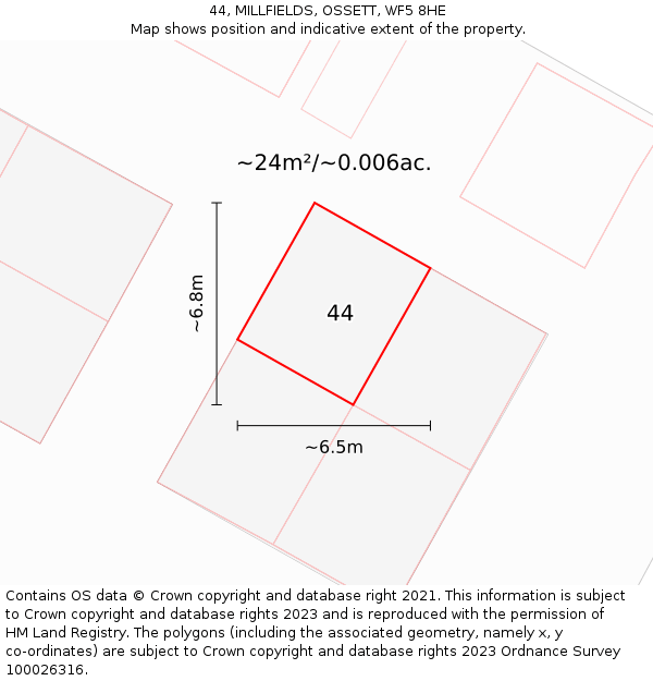 44, MILLFIELDS, OSSETT, WF5 8HE: Plot and title map