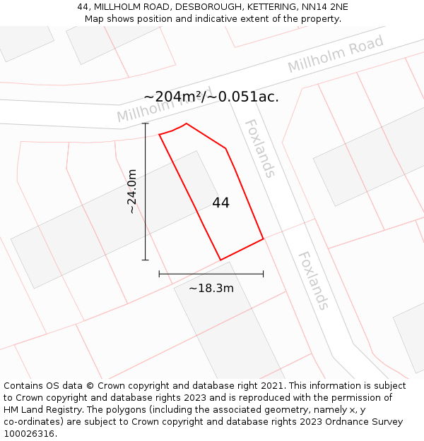 44, MILLHOLM ROAD, DESBOROUGH, KETTERING, NN14 2NE: Plot and title map