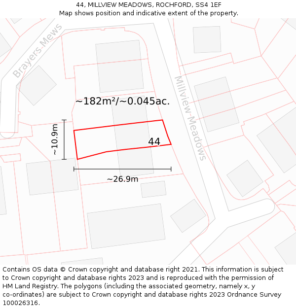 44, MILLVIEW MEADOWS, ROCHFORD, SS4 1EF: Plot and title map