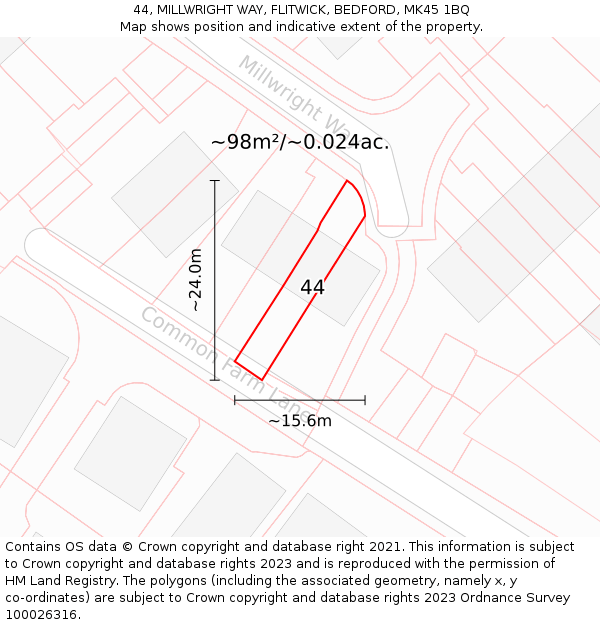 44, MILLWRIGHT WAY, FLITWICK, BEDFORD, MK45 1BQ: Plot and title map