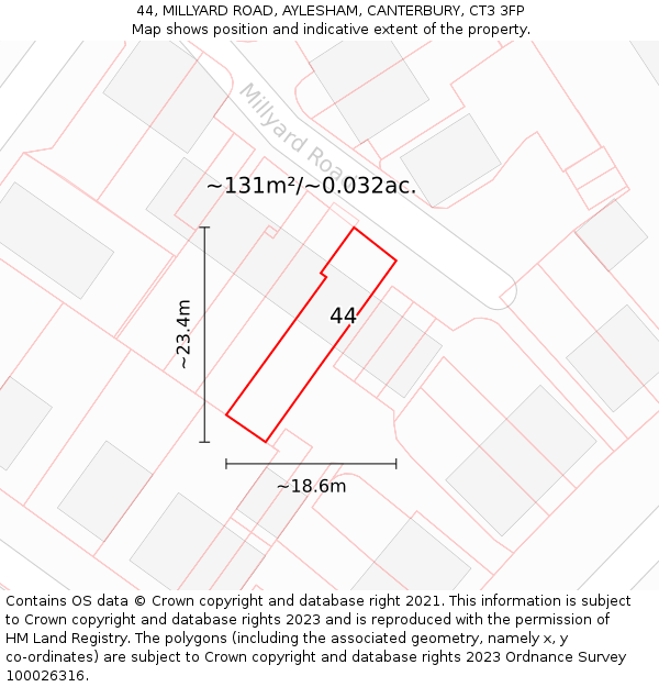 44, MILLYARD ROAD, AYLESHAM, CANTERBURY, CT3 3FP: Plot and title map