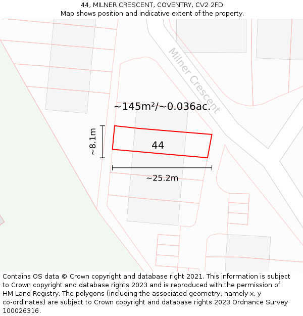 44, MILNER CRESCENT, COVENTRY, CV2 2FD: Plot and title map