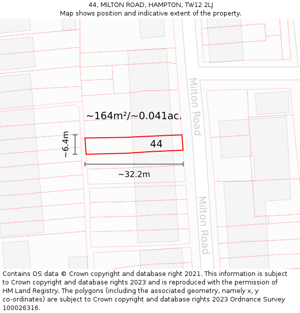 44, MILTON ROAD, HAMPTON, TW12 2LJ: Plot and title map