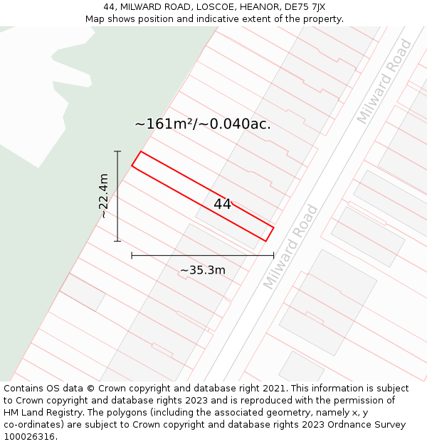 44, MILWARD ROAD, LOSCOE, HEANOR, DE75 7JX: Plot and title map
