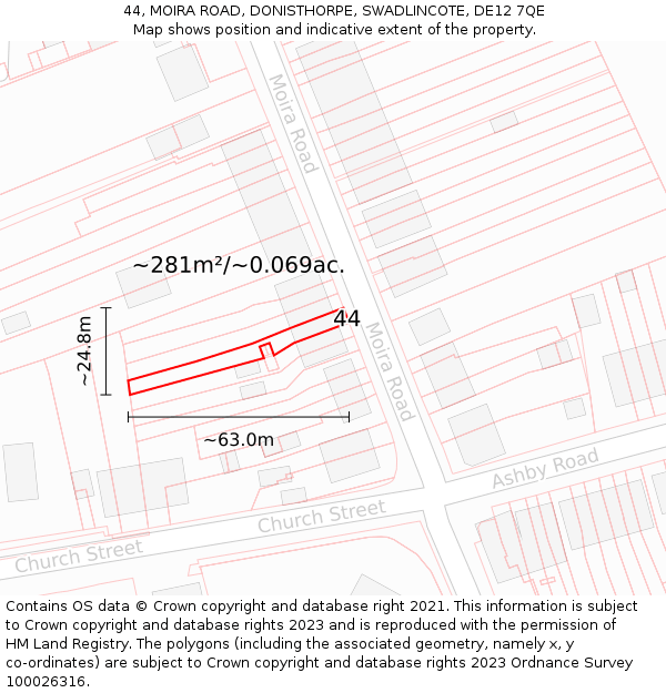 44, MOIRA ROAD, DONISTHORPE, SWADLINCOTE, DE12 7QE: Plot and title map