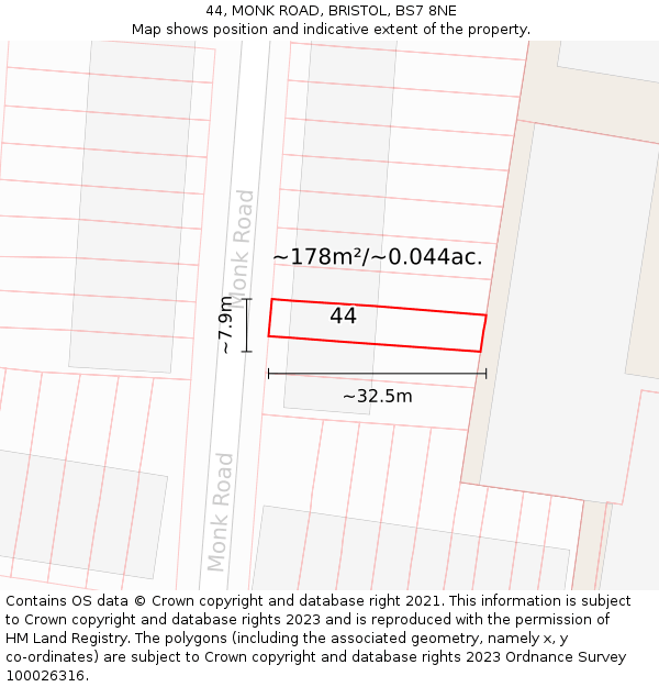 44, MONK ROAD, BRISTOL, BS7 8NE: Plot and title map