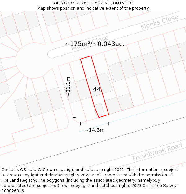 44, MONKS CLOSE, LANCING, BN15 9DB: Plot and title map